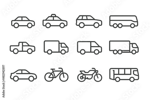 Variety of vehicles displayed in a simple and minimalist design style, showcasing transportation options