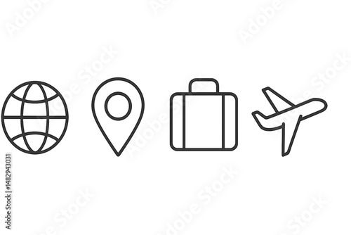Travel symbols representing globe, location pin, suitcase, and airplane in a simple design