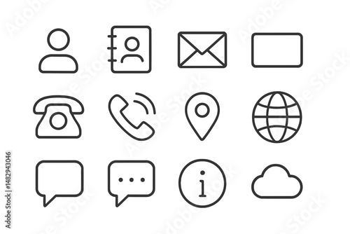 Collection of simple line art icons representing communication, contact, and information services