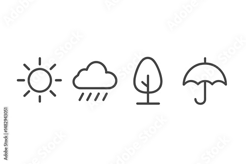 Weather symbols depicting sun, rain, tree, and umbrella illustrating various atmospheric conditions