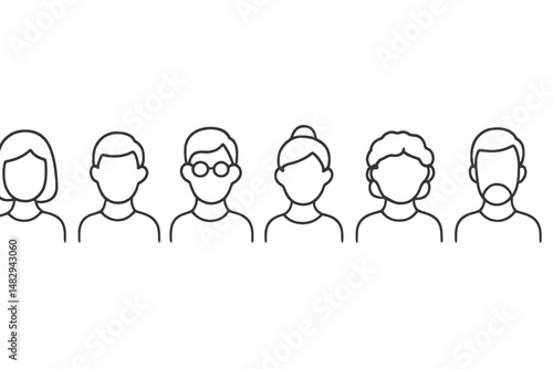 Illustration of diverse people with different hairstyles and features in a linear arrangement showcasing uniqueness and variety
