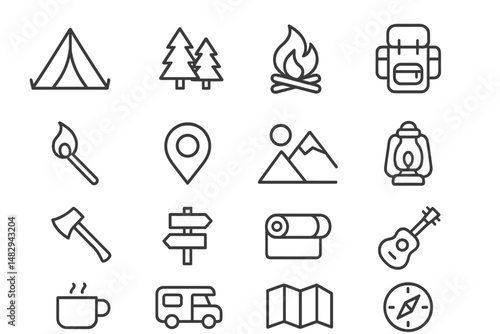 Camping icons featuring tents, trees, fire, and outdoor gear representing adventure and nature exploration