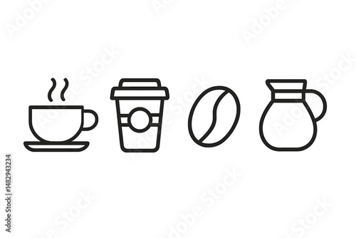 Brewed beverages including a steaming cup, takeout cup, coffee bean, and carafe arranged in a minimalist style