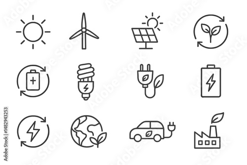 Icons representing renewable energy sources and their benefits for sustainability and the environment