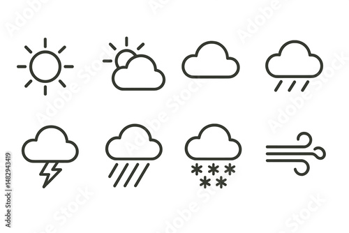 Weather symbols depicting sun, clouds, rain, lightning, snow, and wind in a simple design