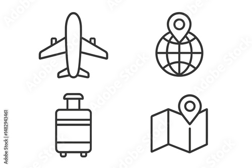 Icons representing travel essentials including an airplane, globe, suitcase, and map for planning adventures