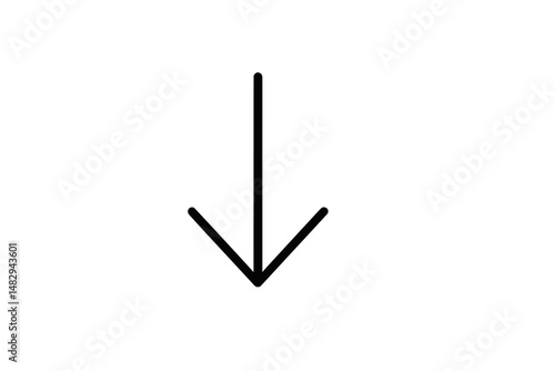 Black arrow pointing downward on a white background representing direction and movement for various contexts