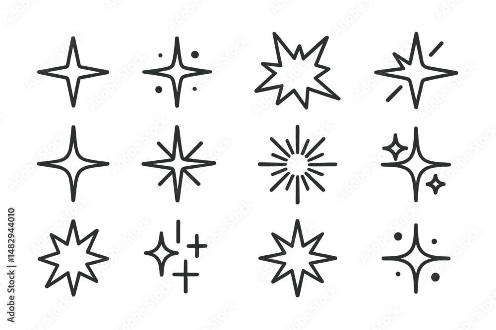 Fototapeta premium Different star shapes in black line art displayed in a grid pattern showcasing creative design possibilities