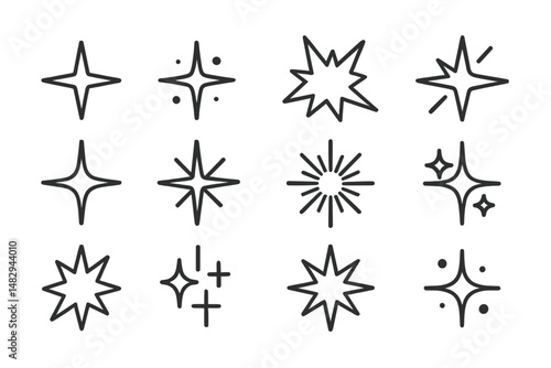 Different star shapes in black line art displayed in a grid pattern showcasing creative design possibilities