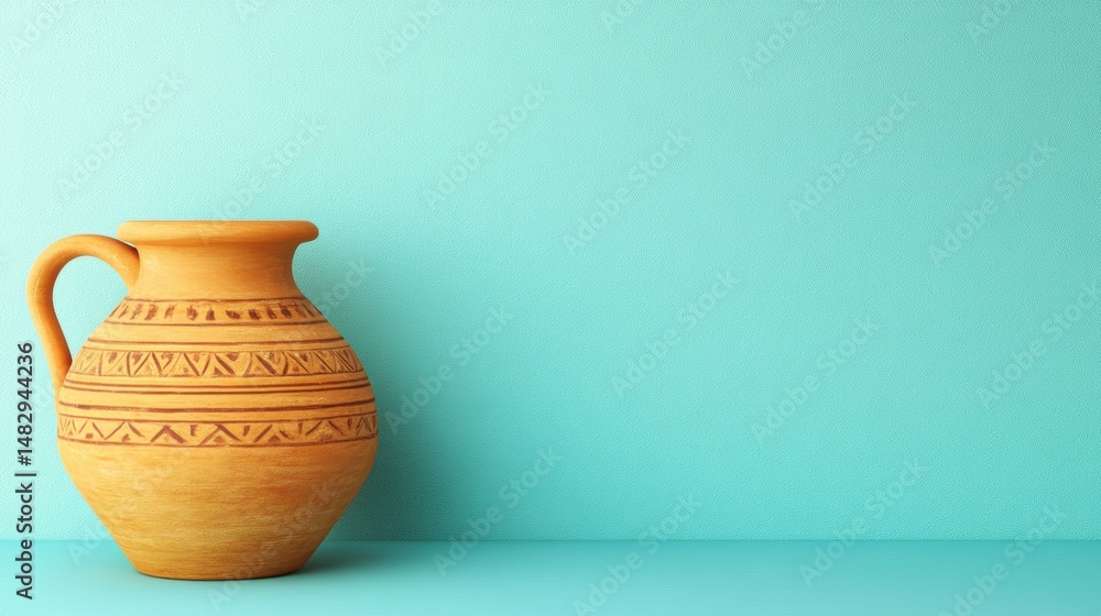A beautifully crafted clay jug with intricate patterns sits against a soothing turquoise background, Ideal for use in design projects, cultural themes, or home decor inspiration, A beautifully crafted clay jug with intricate patterns sits against a soothing turquoise background, Ideal for use in design projects, cultural themes, or home decor inspiration,