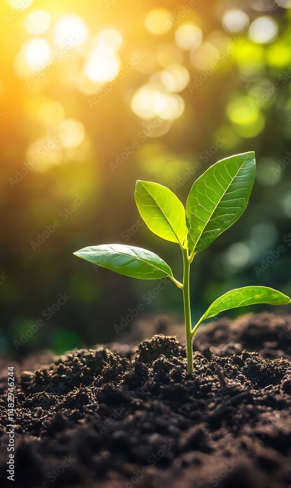 A bright green sprout with fresh leaves emerges from fertile dark soil A bright green sprout with fresh leaves emerges from fertile dark soil