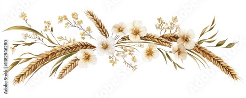 Ears of wheat adorned with blossoms, perfect for fall-inspired artistic projects or agricultural floral-themed visuals.