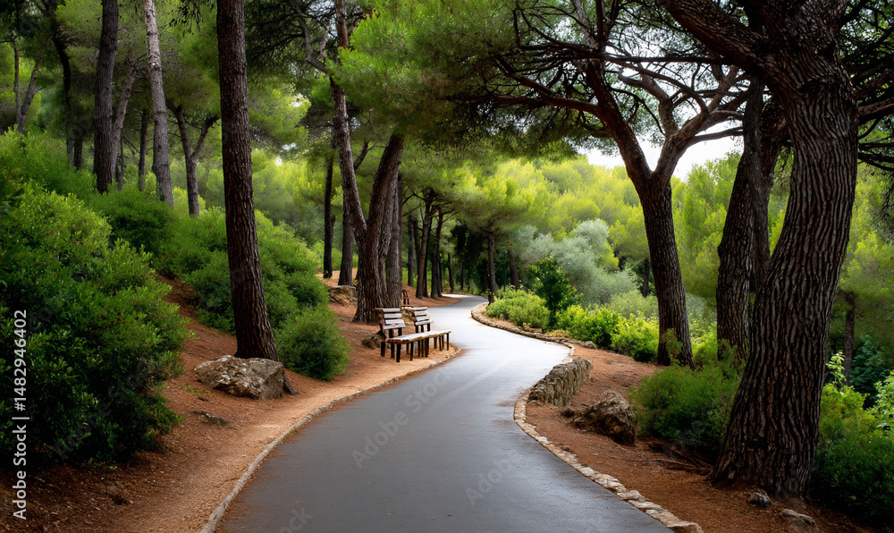 Obraz premium Forest paths inviting bench beckons visitors