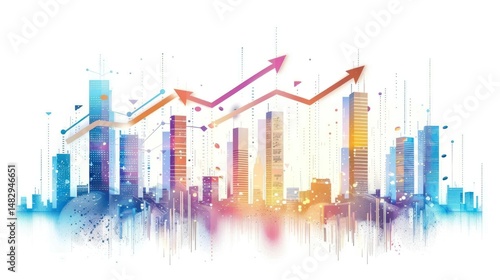 An artistic illustration shows a skyline with financial data analysis and growth trends using arrows