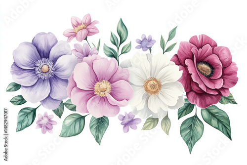 Wallpaper Mural Watercolor Floral Arrangement. A beautiful watercolor arrangement of various flowers and green leaves, perfect for t-shirt designs or textile prints. Torontodigital.ca