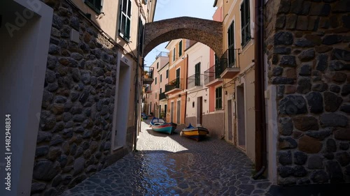 The Mediterranean coastline of Italy features a morning view of the Amalfi cityscape