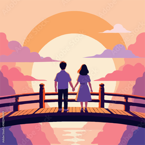 A couple hand-in-hand watches the vibrant sky over tranquil water.