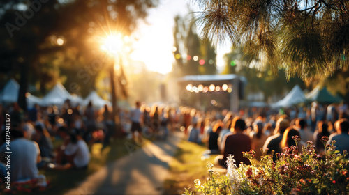 Fototapeta Naklejka Na Ścianę i Meble -  People at  summer music festival outdoors, blurred background