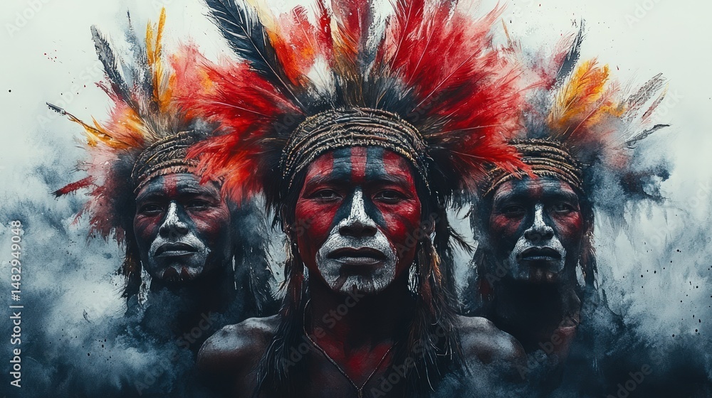 Tribal men in ornate headdresses Tribal men in ornate headdresses