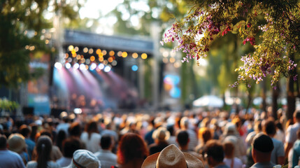 People at  summer music festival outdoors, blurred background