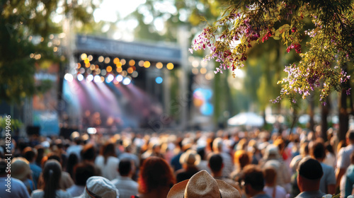 Fototapeta Naklejka Na Ścianę i Meble -  People at  summer music festival outdoors, blurred background