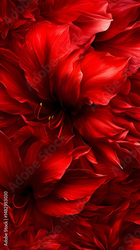 Close-up vibrant red flower petals, intricate details, floral pattern