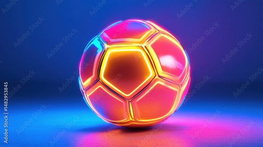 Fototapeta premium Vibrant neon soccer ball with multicolored glow on blue background