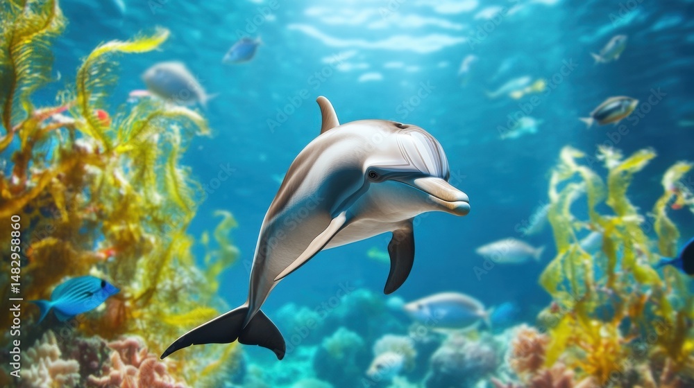 Dolphin Swimming in Vibrant Ocean Reef with Colorful Marine Life Dolphin Swimming in Vibrant Ocean Reef with Colorful Marine Life