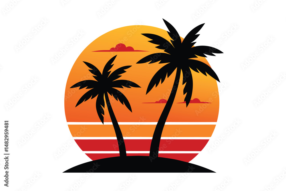 Obraz premium sunset with palm trees on white background