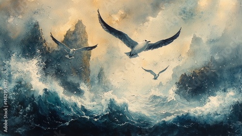 Stormy Seascape with Gulls