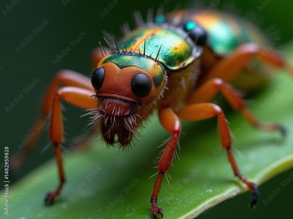 Fototapeta premium medicinal herbs and berries, traditional medicine Colorful bug with green and red markings on its head and body. The bug is standing on a leaf