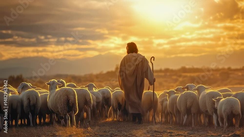Jesus Christ is the good shepherd. The shepherd walks with a staff, tending a flock of sheep against the backdrop of the sunset sky.