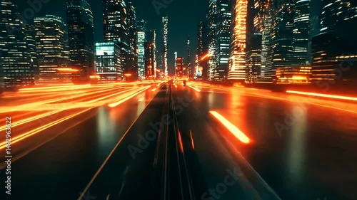 Futuristic city street with glowing lines.