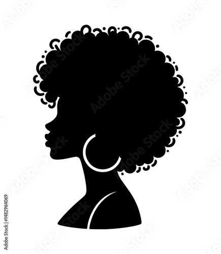 Minimalistic silhouette of a black woman in profile looking left with curly hair styled in an afro