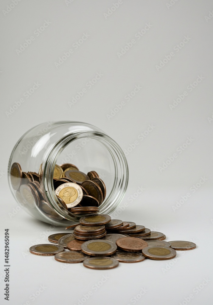 ガラス瓶からこぼれる輝く小銭 貯金箱 節約 ガラス瓶からこぼれる輝く小銭 貯金箱 節約
