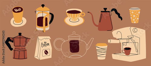 Coffee lovers set. Coffee icons. French press, machine, mug, cup, kettle. Cute and modern. Perfect for menus, cafe decor, posters, branding. Hand drawn style. Vector illustration.