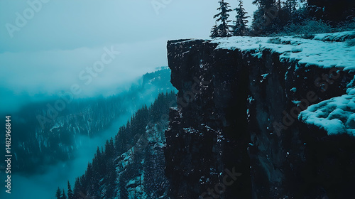 Snowy mountain cliff edge overlooking misty forest.  Possible use nature background