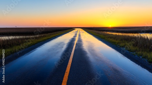 Scenic Sunset over Wet Road in Coastal Marsh Landscape Golden hour colors reflected in puddles