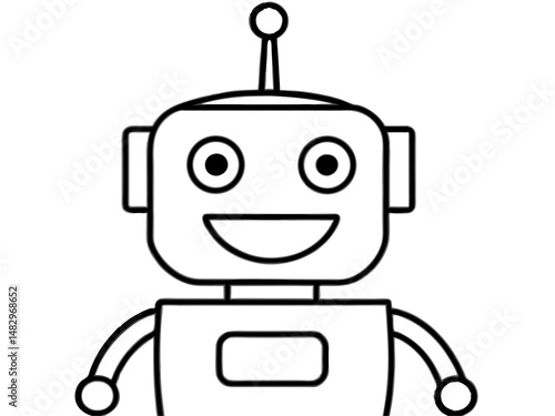 Smiling robot coloring page for STEM educational activities, children’s tech-themed worksheets, coding clubs and printable science fun

