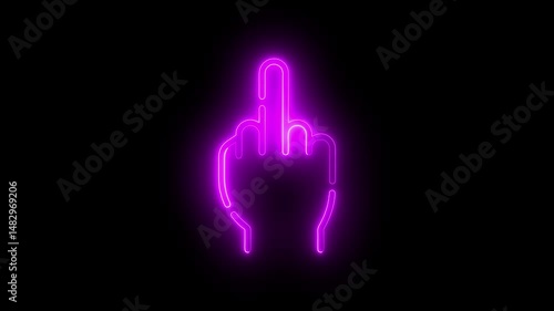 Fuck you, fuck off, provocation gesture neon sign fluorescent light glowing on black background. Symbol fuck you by neon lights