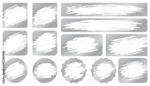 Silver scratch card shapes, scraped texture effect. Vector set of metallic scratch-off templates for lotteries, prize money, and discount coupons. Isolated on transparency background. Vector EPS10