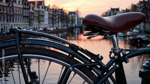 Bicycles are lined up on a bridge spanning the canals of Amsterdam, Netherlands, where cycling is a primary mode of transportation