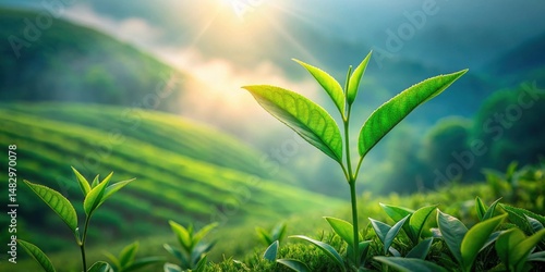 A vibrant young tea plant bathed in the warm glow of sunrise, surrounded by lush green tea plantations stretching across rolling hills