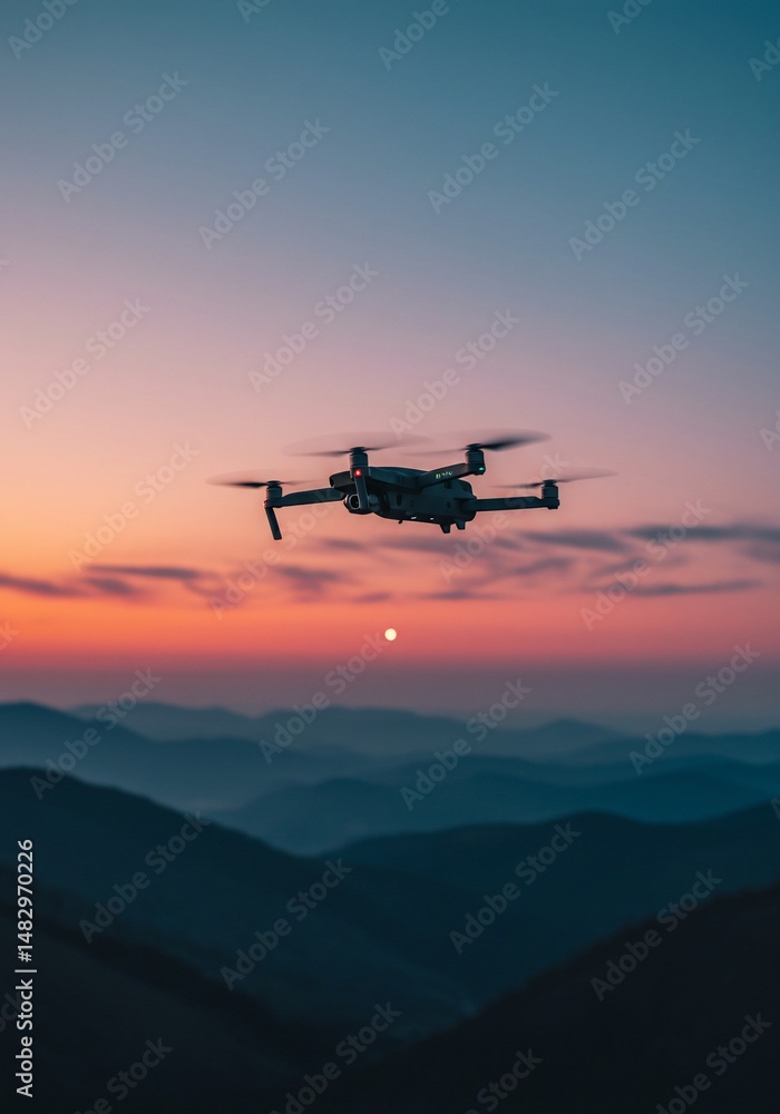 夕焼け空を優雅に飛行するドローン 美しい山並みを背景に 夕焼け空を優雅に飛行するドローン 美しい山並みを背景に