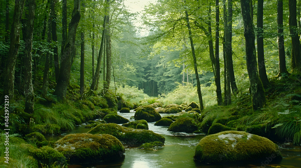 Fototapeta premium Lush forest stream flowing through mossy rocks, peaceful forest scene, perfect for nature-themed backgrounds, or calming screensavers