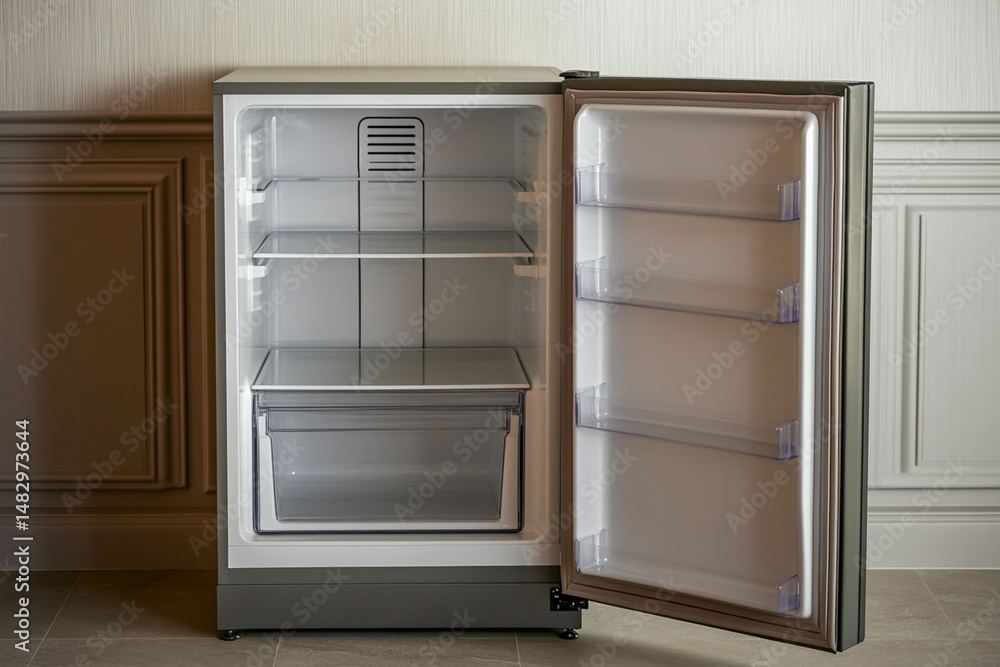 Empty refrigerator in the house symbolizing economic crisis and deterioration of living standards Empty refrigerator in the house symbolizing economic crisis and deterioration of living standards