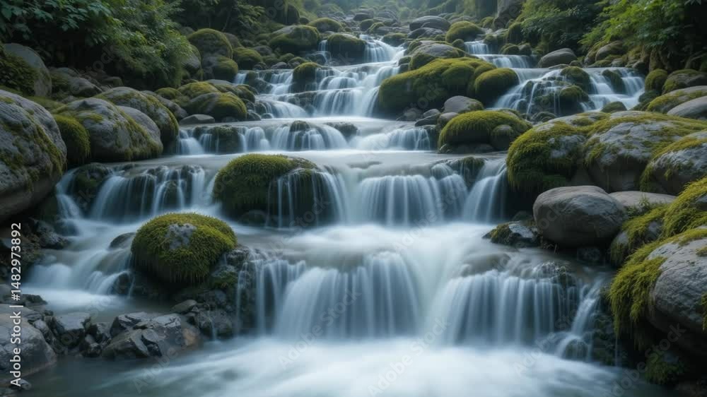 Serene Waterfall Cascading Over Mossy Rocks Serene Waterfall Cascading Over Mossy Rocks