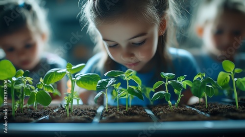 Children nurturing seedlings in a garden setting.