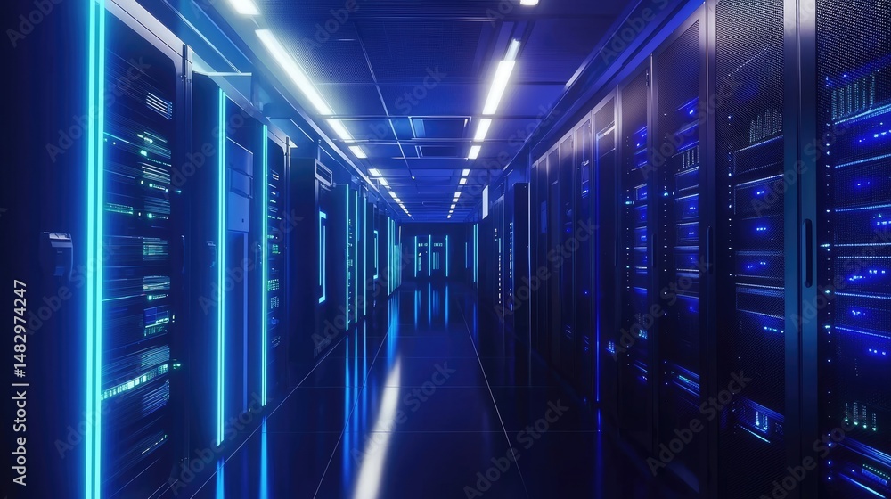 Advanced data center interior with glowing blue-lit server racks in a reflective corridor, perfect for themes on cloud computing, AI infrastructure, and high-tech security Advanced data center interior with glowing blue-lit server racks in a reflective corridor, perfect for themes on cloud computing, AI infrastructure, and high-tech security