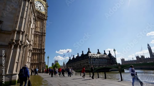 On February in London, UK, a wide-angle close-up captured the stunning architecture of the Big Ben clock tower and Parliament set against a clear blue sky
